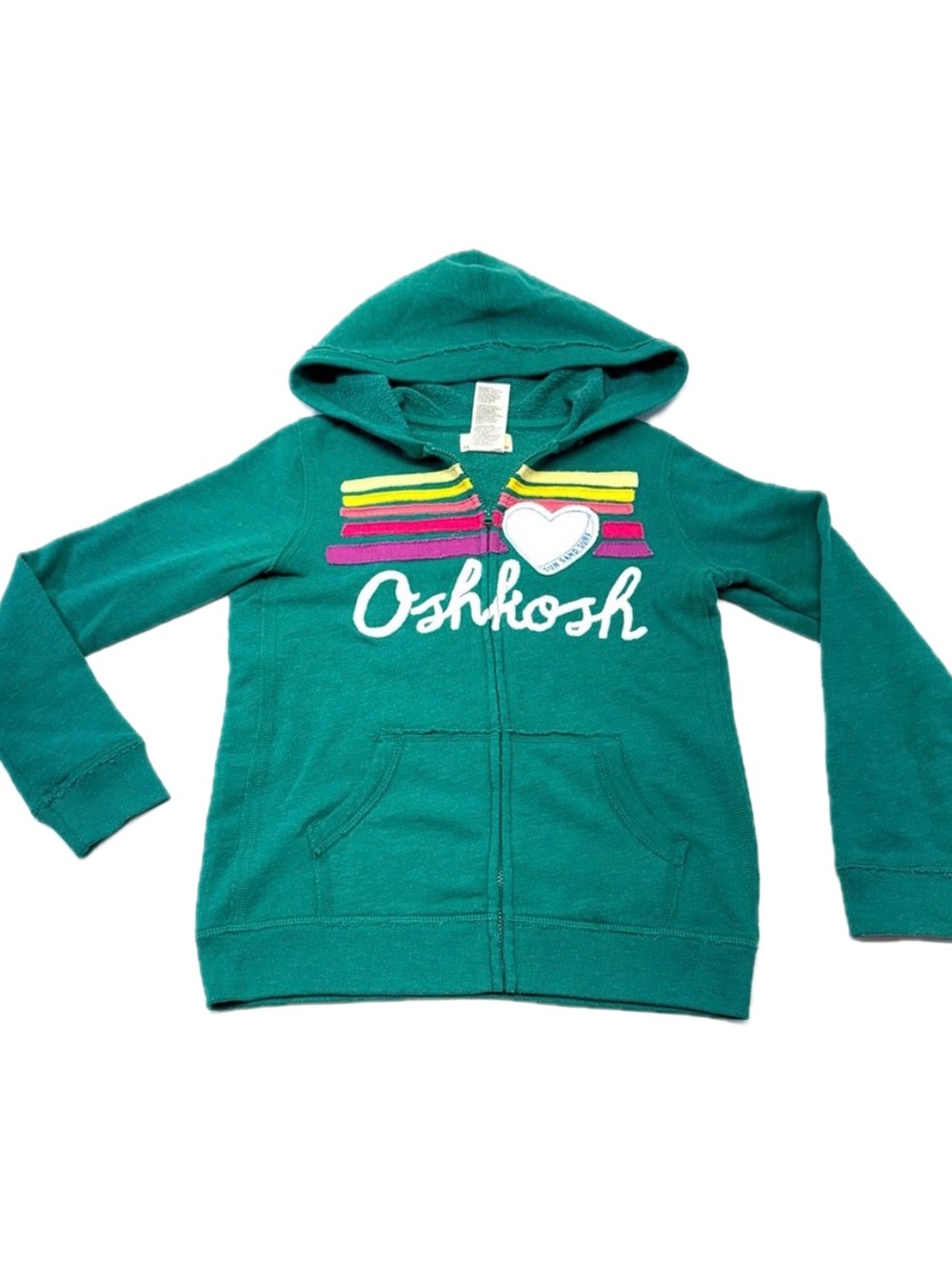 OshKosh B'gosh Teal Zip Hoodie with Rainbow Stripe Heart Girls Size 10
